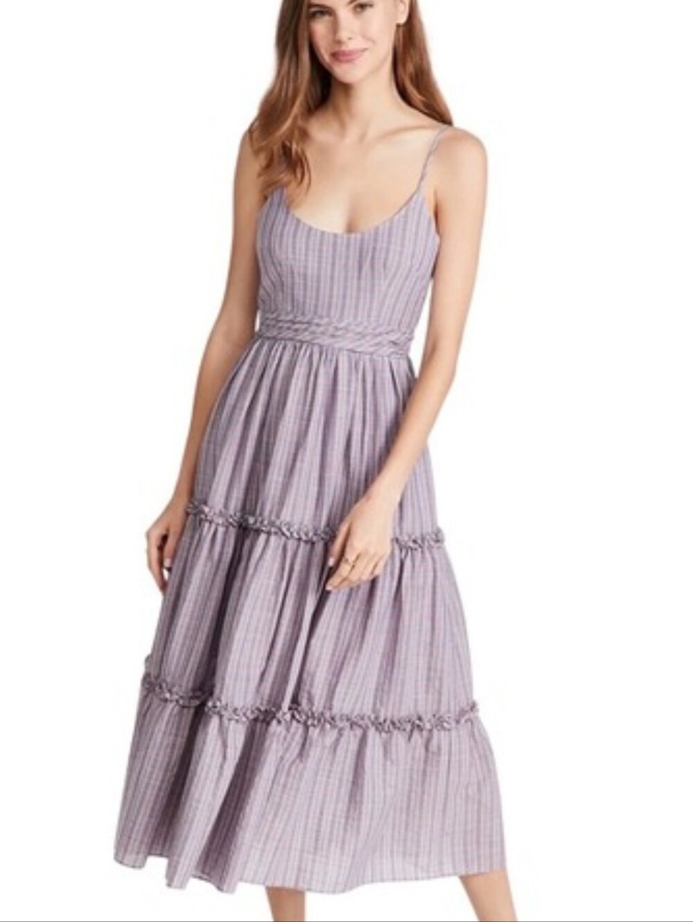 cinq a sept Striped Tiered Maxi Dress in Lavender and Pink